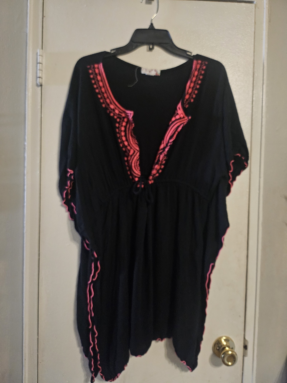 Black Tunic Cover-Up with Neon Pink Embroidery